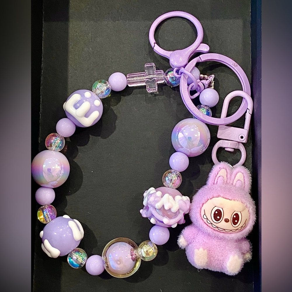 Cute Purple Beaded Keychain with Labubu Style Plush Charm